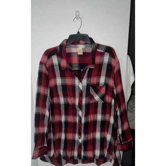 Faded Glory womans plaid button up top plus size 3X long sleeve red black white - Picture 1 of 9